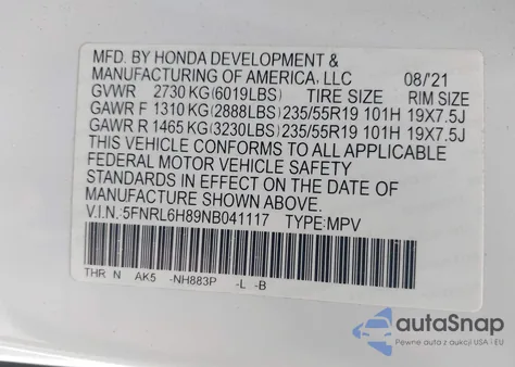 2022 Honda Odyssey Touring из США, поврежденный, VIN 5FNRL6H89NB041117